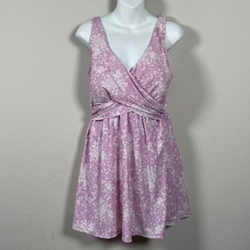 Lands End Floral‎ Swim Dress Womens 12 Purple Excellent Surplice Mini Vacation